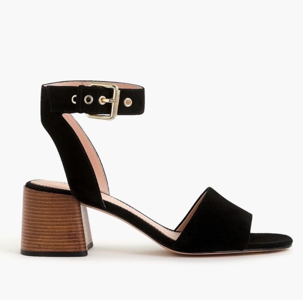 J. Crew Penny Ankle Strap Black Suede Open Toe Block Heeled Sandals Size 7.5